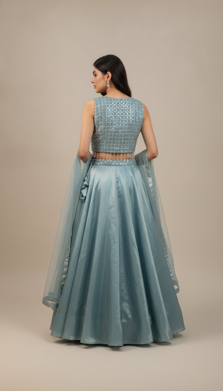 Blue Satin Party Lehenga Secondary image
