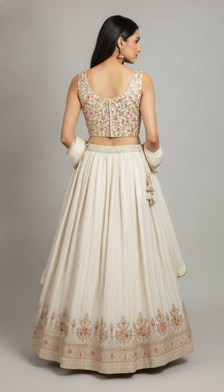 Off White Silk Blend Party Lehenga Secondary image