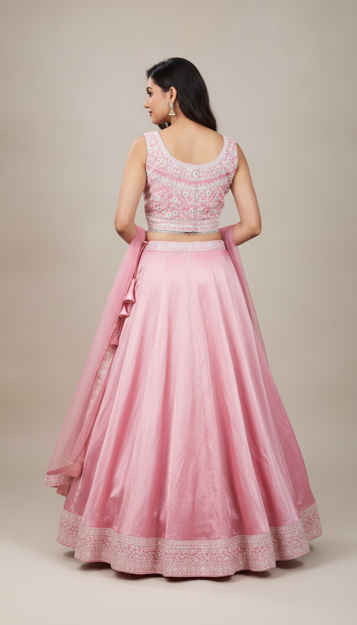 Pink Satin Party Lehenga Secondary image