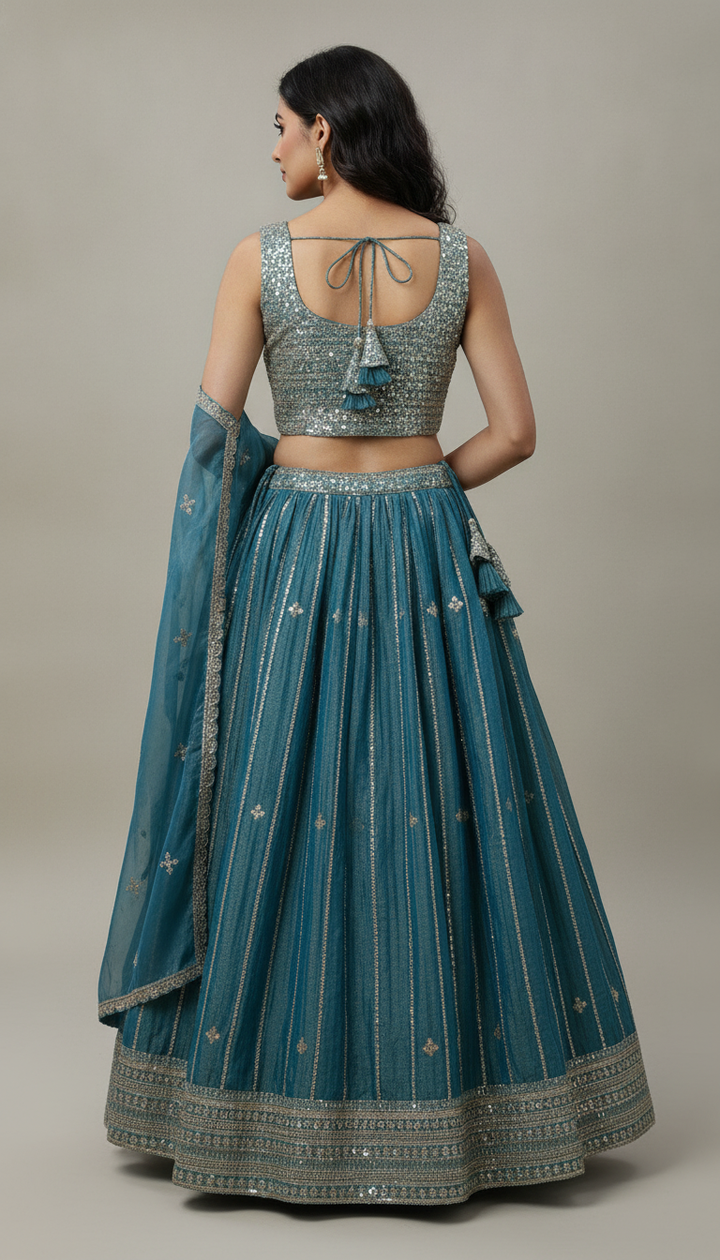Blue Satin Party Lehenga Secondary image