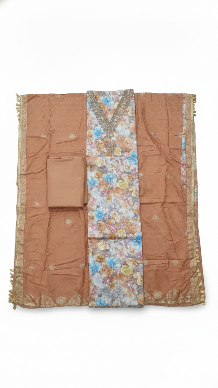 Brown Cotton Unstitched Suit Secondary image