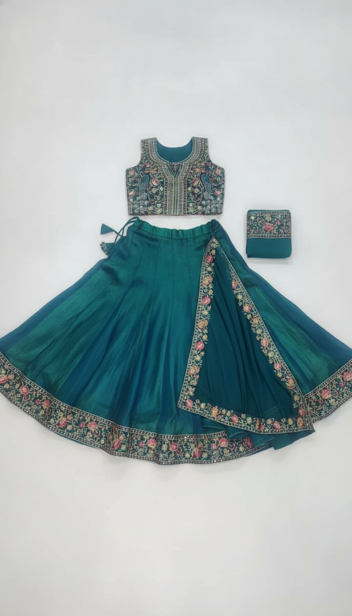 Sonu Women Green Satin Party Lehenga | KUR-82 Secondary image