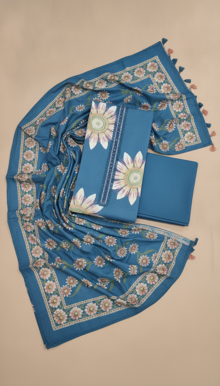 Harra Women Blue Cotton Unstitched Suit | COTT-95 Secondary image