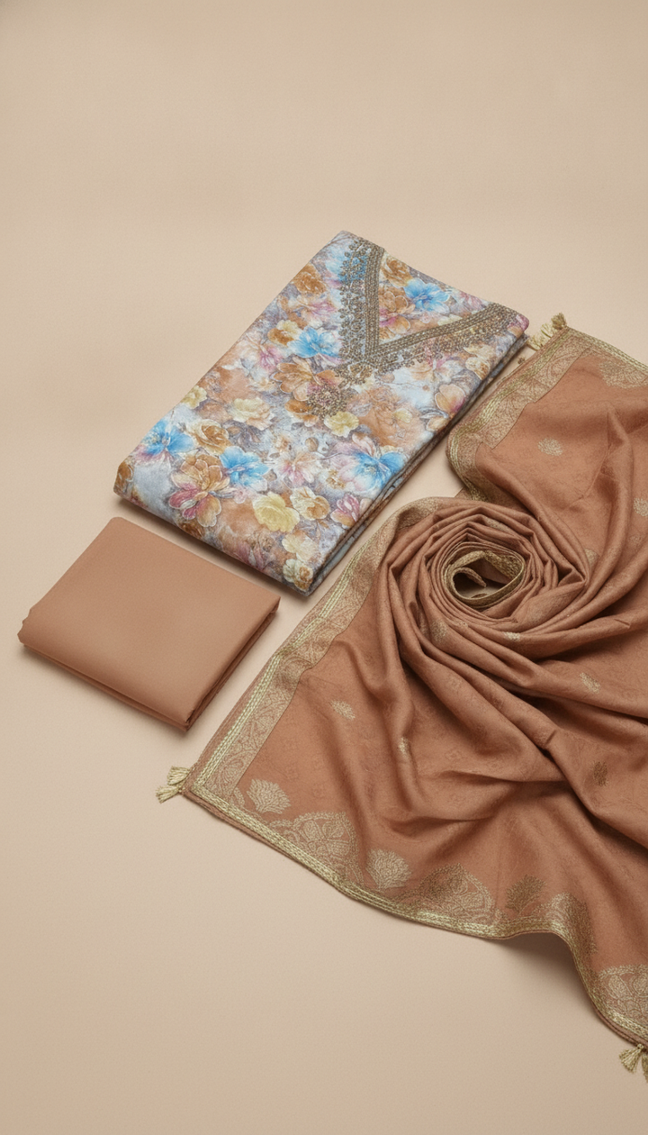 Ujas Women Brown Cotton Unstitched Suit | COTT-68 Secondary image
