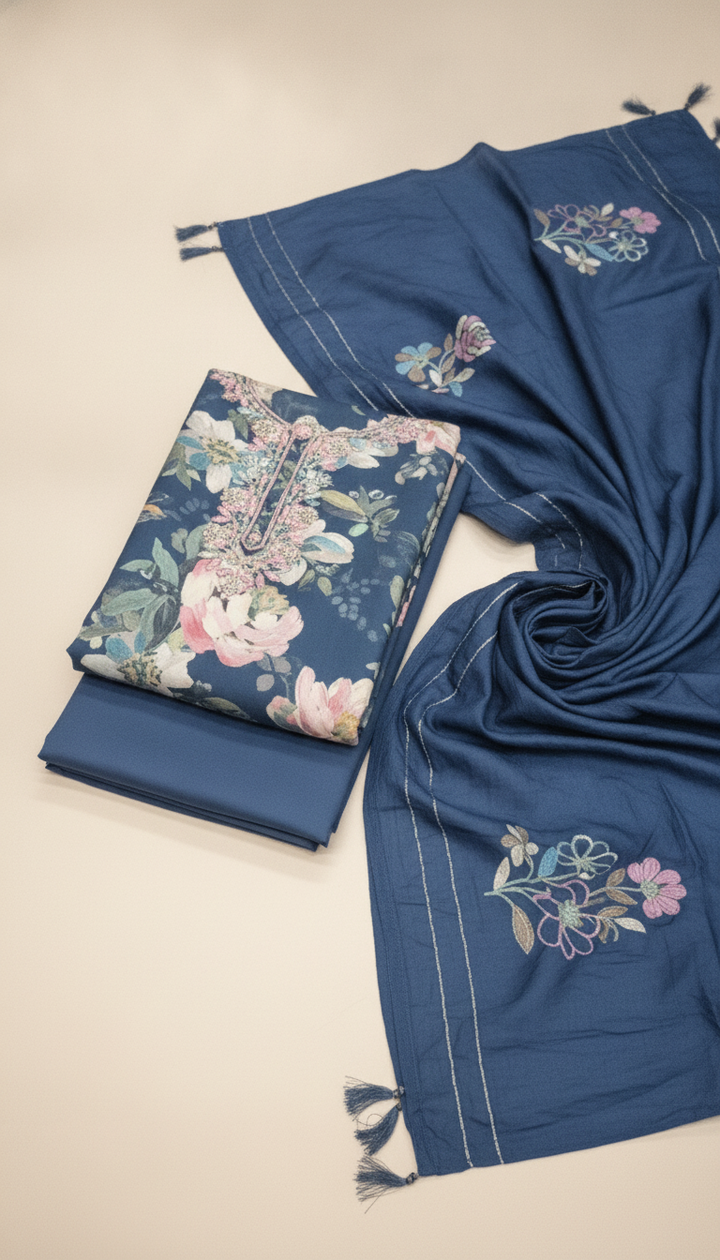 Harra Women Blue Cotton Unstitched Suit | COTT-98 Secondary image